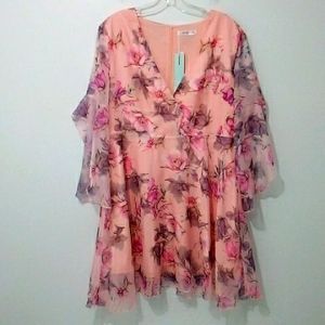 Pink floral shear overlay flutter sleeve fit flare dress